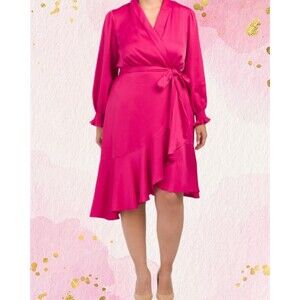 “Taylor” Women’s Surplice Ruffle Faux Wrap Midi Dress Berry Pink Size 14W NWT